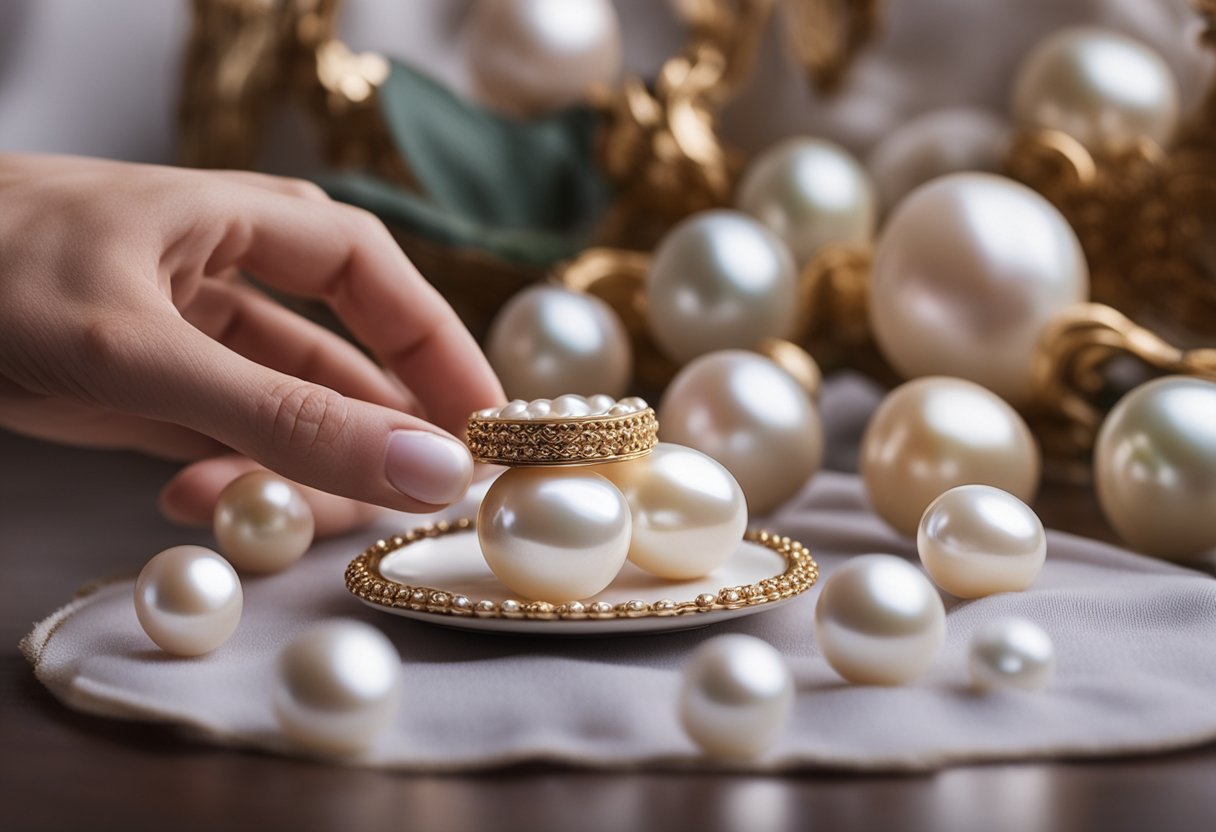 A hand holding a soft cloth gently wiping a baroque pearl, a small dish of mild soap and water nearby, a jewelry box filled with other pearls in the background