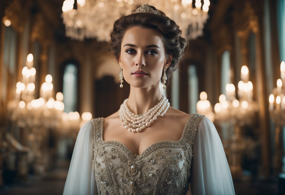A regal woman wearing a luxurious gown adorned with Baroque pearls, standing in a grand ballroom surrounded by opulent decor and elegant chandeliers