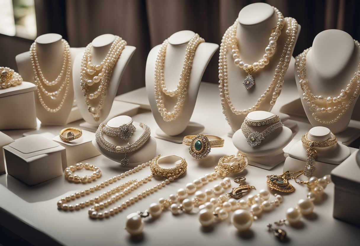 A table with various sizes of pearl jewelry displayed alongside styling tips and maintenance instructions