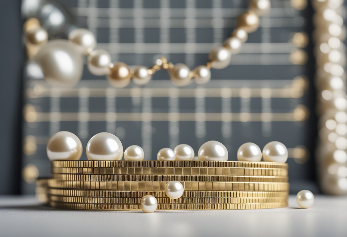 A ruler next to different sizes of pearls, with a chart showing corresponding jewelry sizes