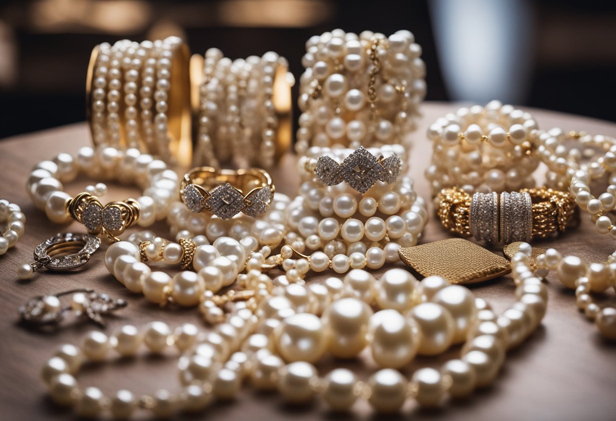A table with various pearl jewelry pieces arranged by size and occasion, with labels indicating the appropriate events for each piece