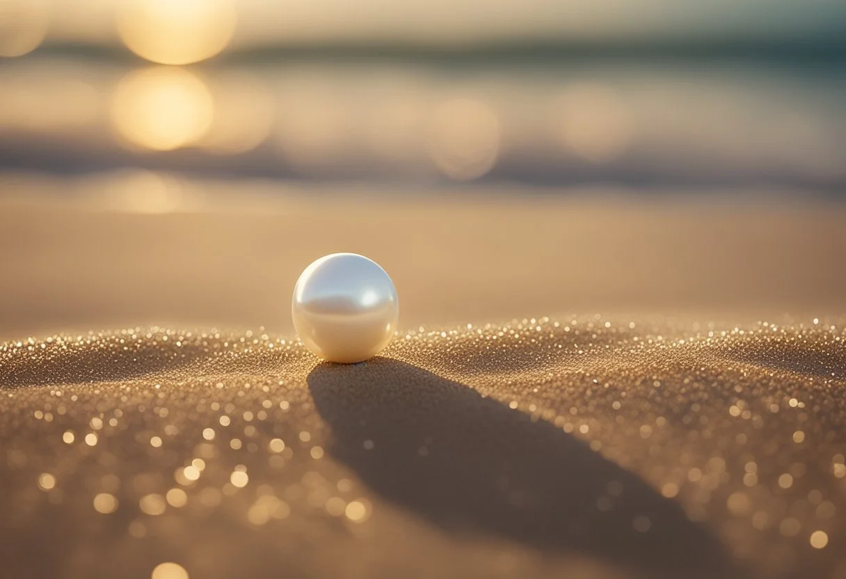 A single freshwater pearl resting on a bed of shimmering sand, surrounded by gently rippling water and illuminated by soft, natural light