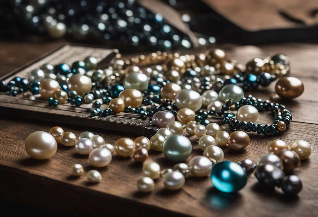 A table with various sizes and colors of freshwater pearls, alongside grading tools and a price chart