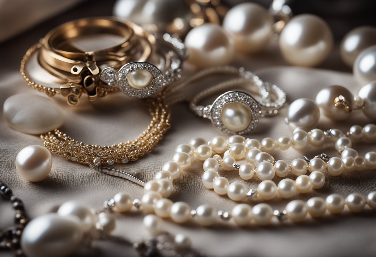A table adorned with lustrous freshwater pearls, surrounded by jewelry-making tools and styling accessories