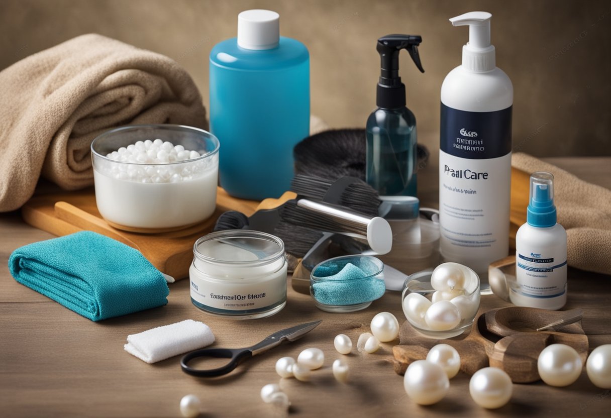 A table with a variety of tools and products for freshwater pearl care, including soft cloths, cleaning solutions, and storage containers