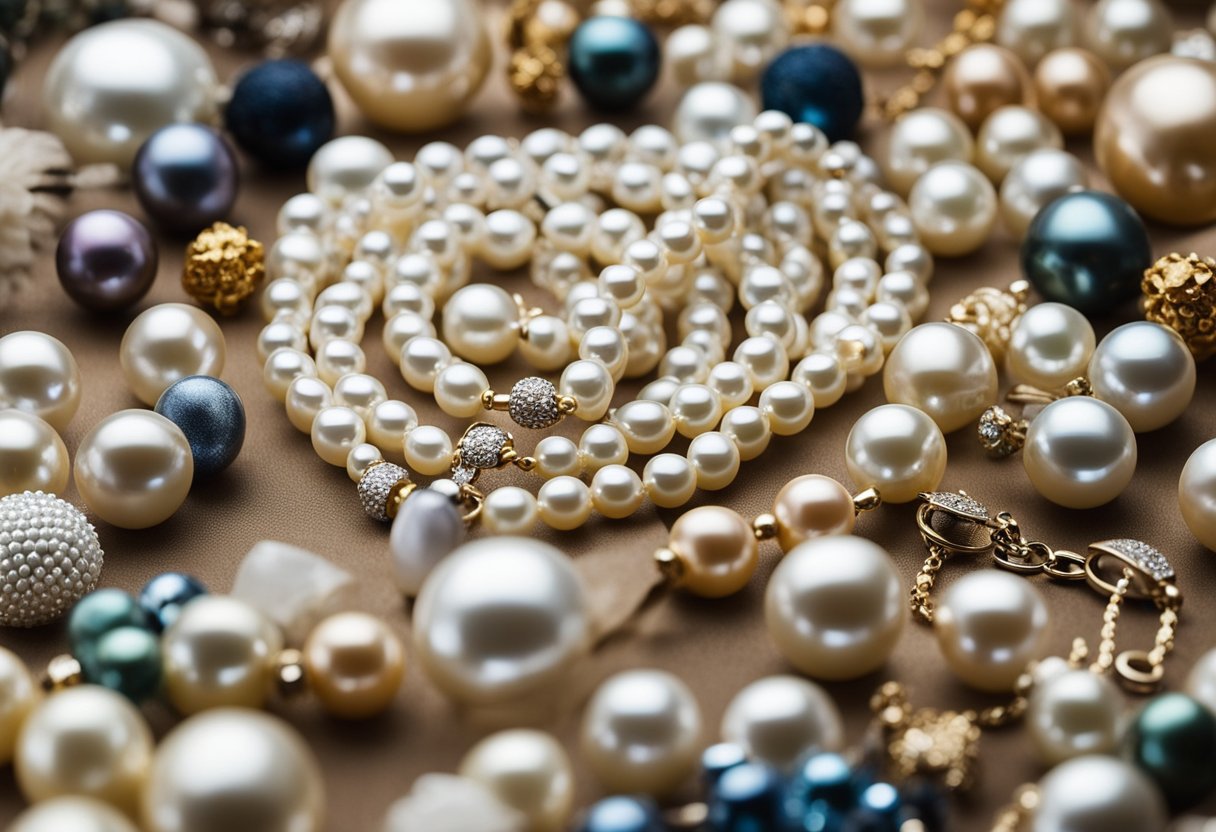 A table with a variety of pearl jewelry pieces arranged by size, accompanied by a chart showing recommended sizes for different age groups