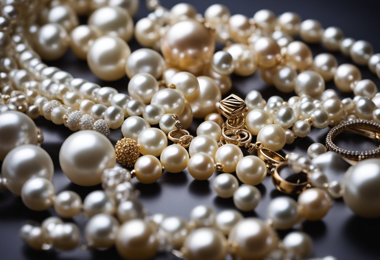A variety of pearl jewelry pieces arranged by size, from dainty to bold, with age categories labeled for style and appeal
