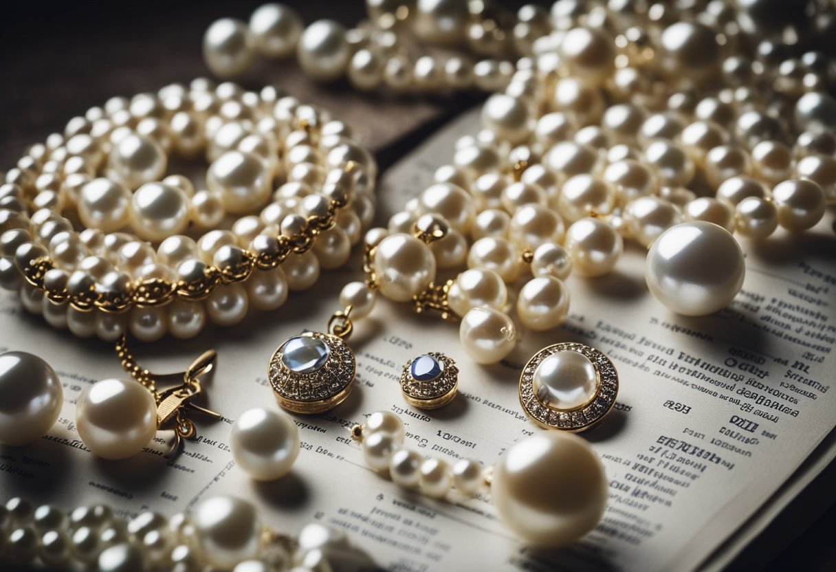 A table with a variety of pearl jewelry pieces arranged neatly. A guidebook open to a page with size charts and care instructions