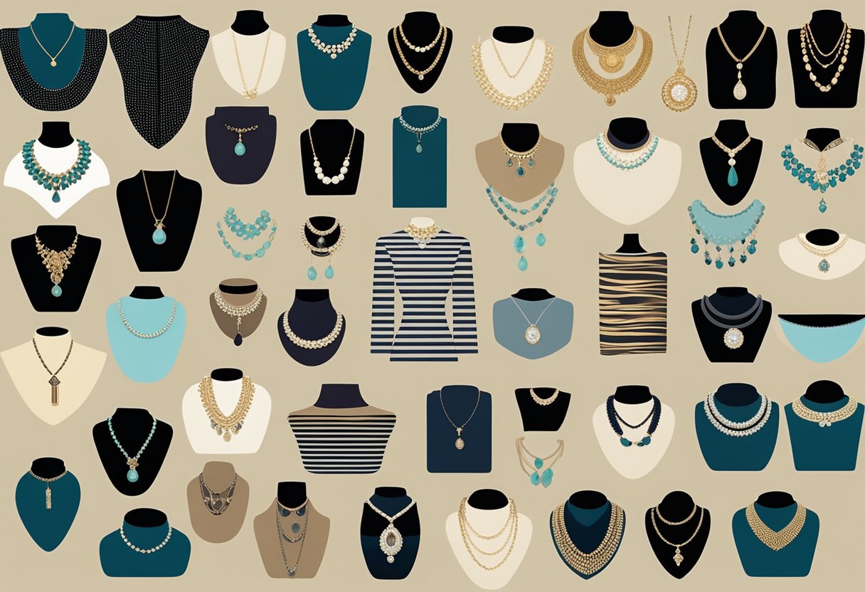 A variety of necklines displayed with corresponding necklace lengths, showcasing how to accessorize different outfits with the right jewelry