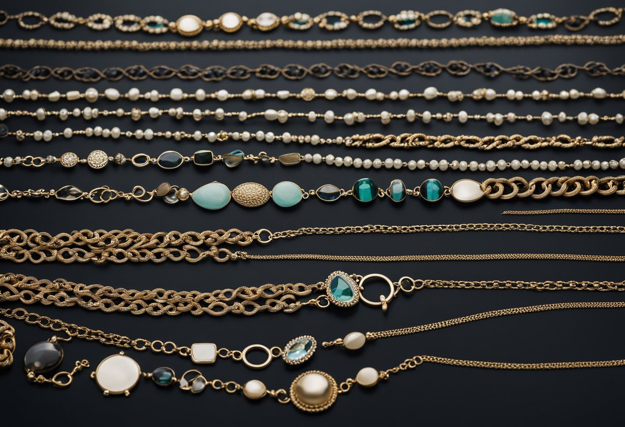 A variety of necklaces of different lengths and styles arranged on a flat surface for layering demonstration