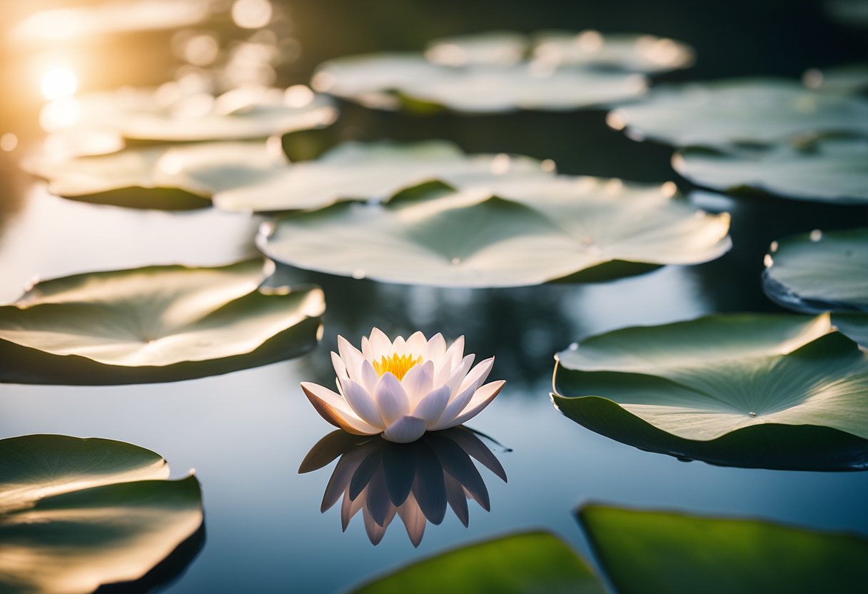 A tranquil lake with a single lotus flower emerging from the water, cradling a lustrous freshwater pearl. The scene is bathed in soft, ethereal light, evoking a sense of purity and spiritual connection