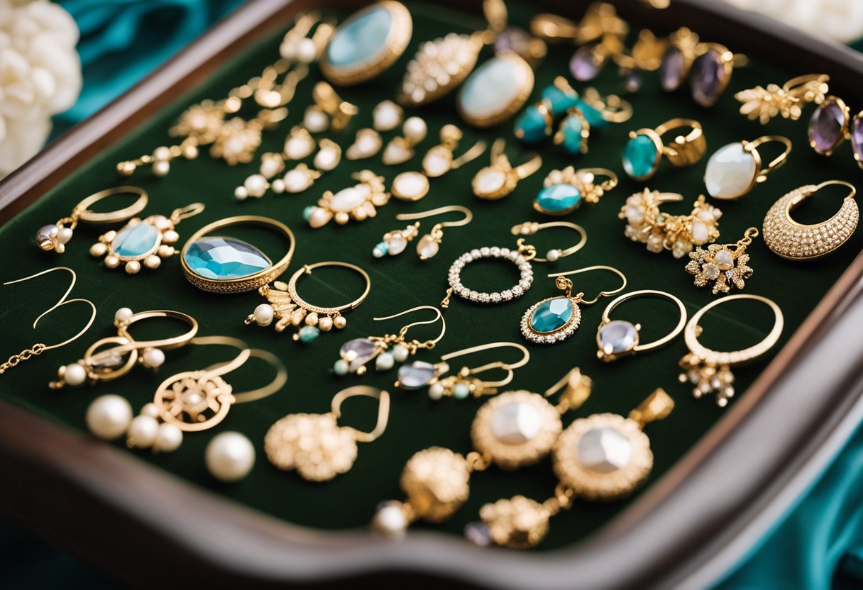 A display of popular earring styles arranged on a velvet-lined tray, including hoop, stud, dangle, and chandelier designs