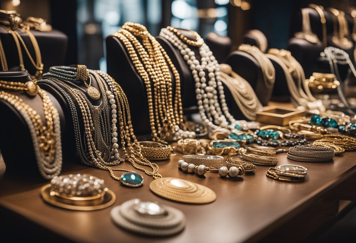 A table with a variety of necklaces laid out in a stylish and organized manner, showcasing different lengths, styles, and textures for layering