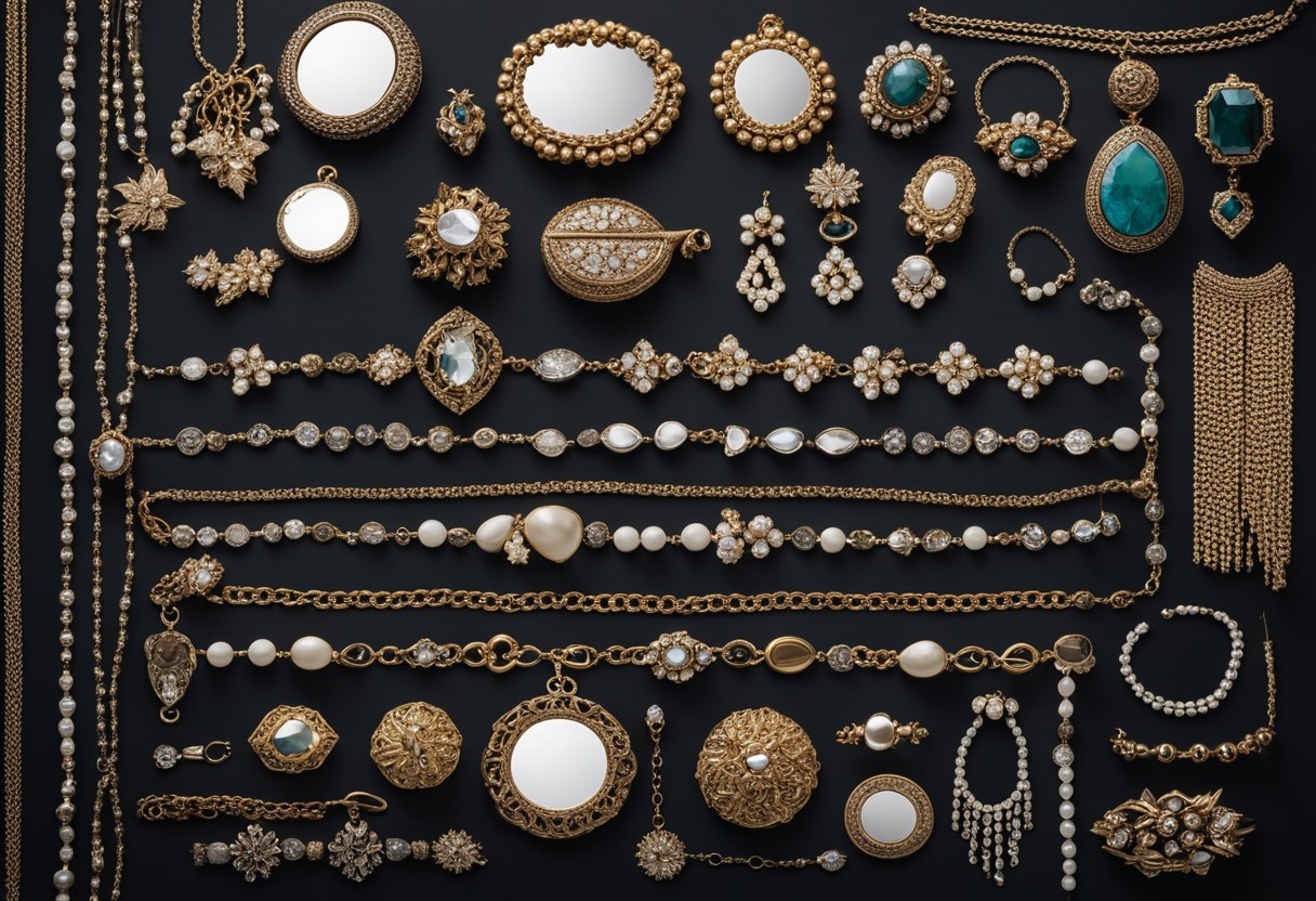 A table with various necklaces of different lengths and styles laid out, with a mirror nearby for trying on