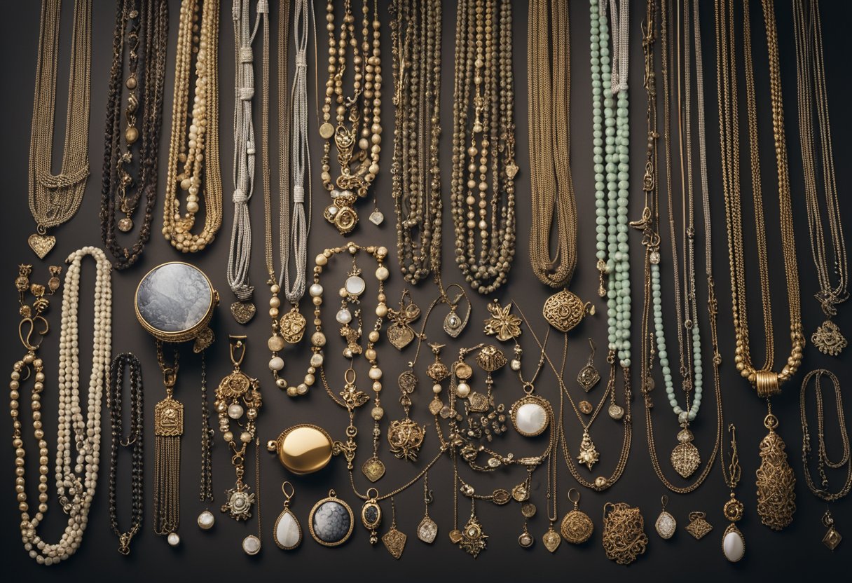 A table with various necklaces of different lengths, styles, and materials laid out. A diagram showing how to layer them in a visually appealing way