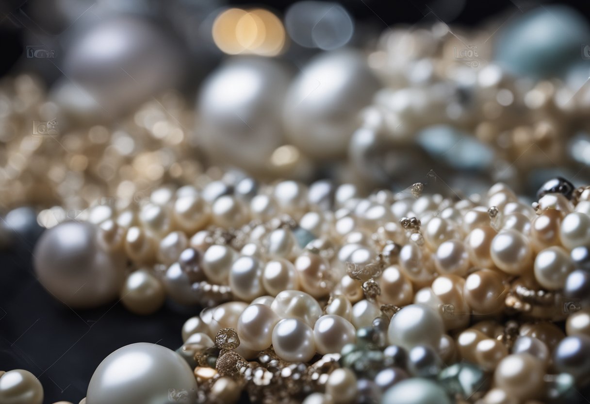A display of freshwater and saltwater pearls, with labels detailing pricing and aesthetic value