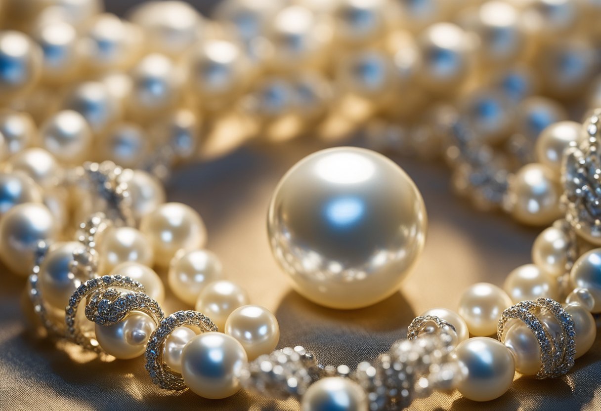 A single cultured pearl rests on a velvet cushion, its smooth surface reflecting light. Surrounding it are delicate strands of pearls, varying in size and luster
